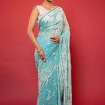 Two Tone Sky Pure Chiffon Saree | Resham, Aari, Sequin & Pearl Work | Jaipurio Designer Collection